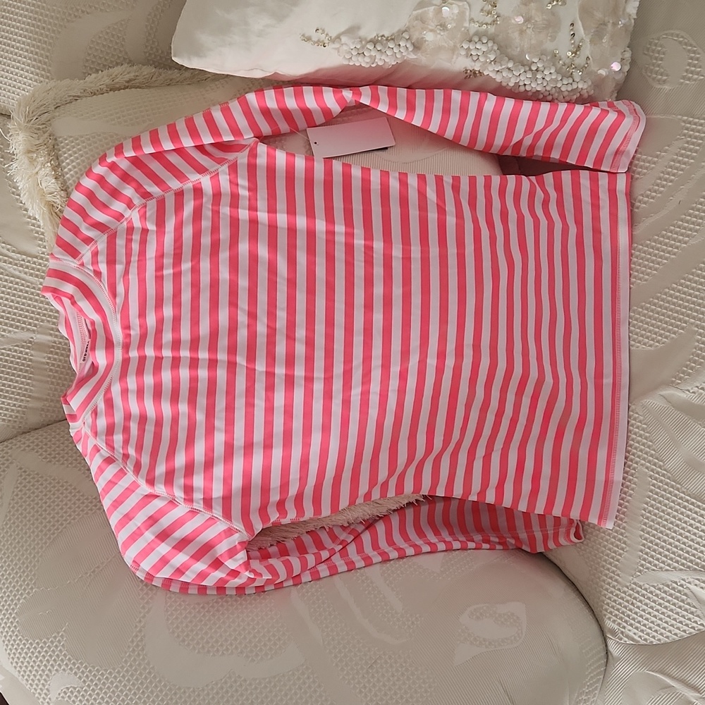 Coral & White Sun UPF Rash Guard Striped. NEW NWT.